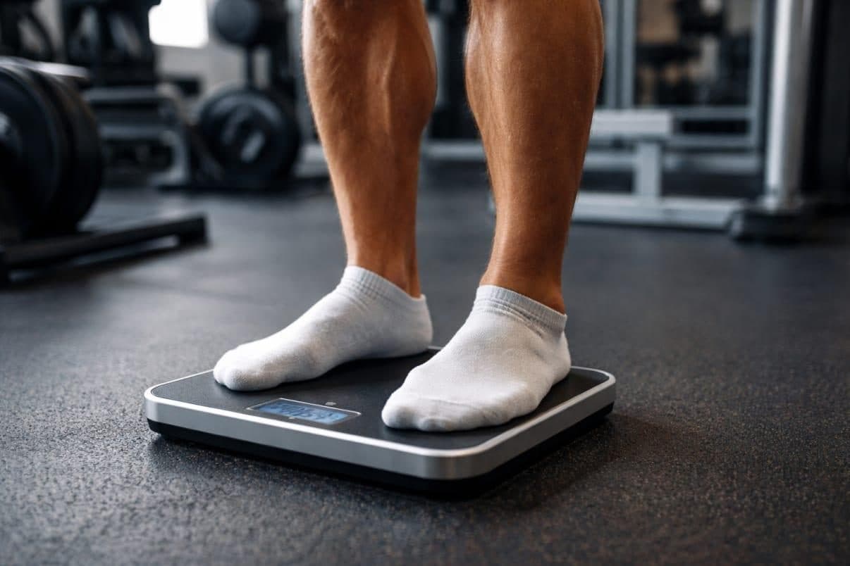 Feet on a bathroom scale in a gym