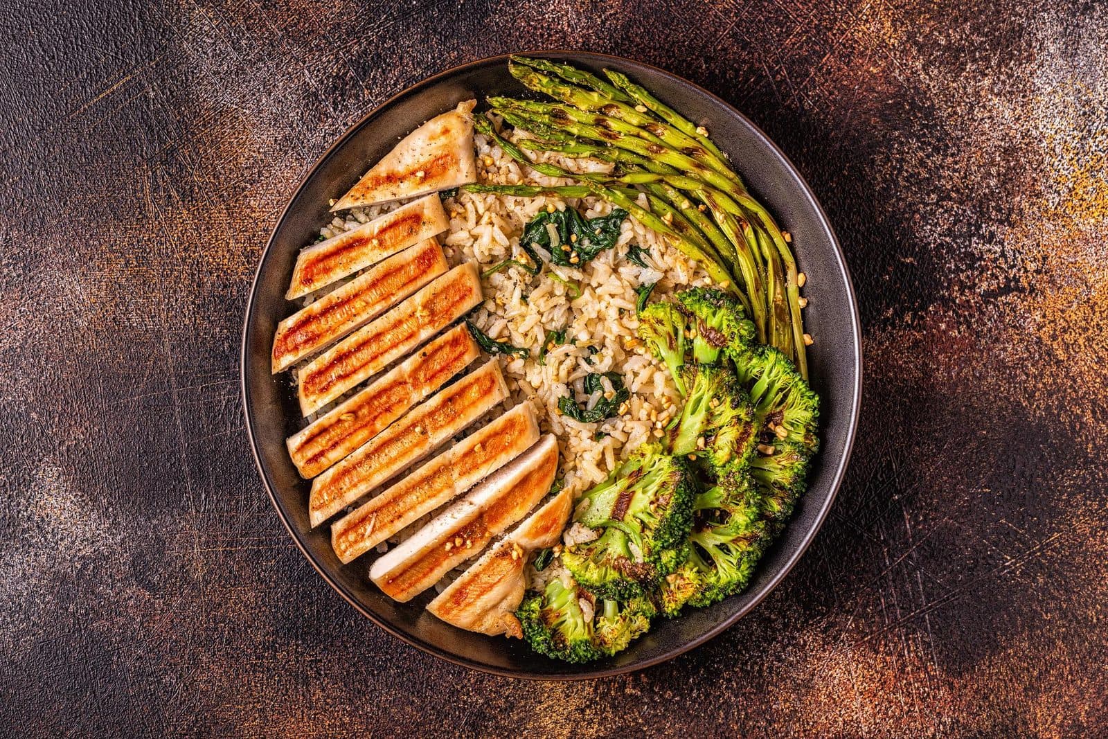 A balanced meal of chicken, rice and broccoli