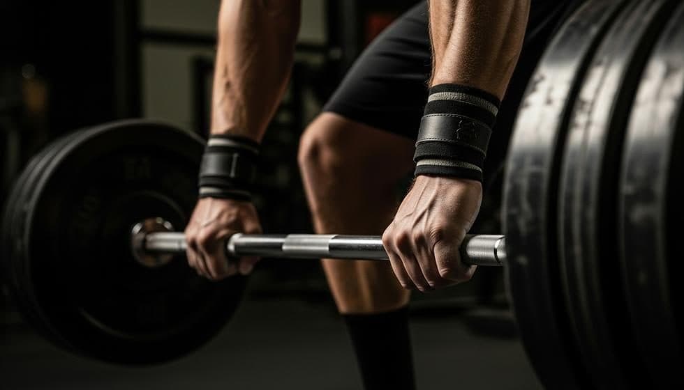 An athlete gripping a loaded barbell